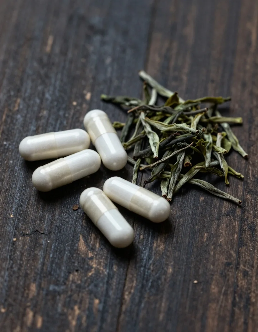 Capsules and green tea leaves on weathered wood