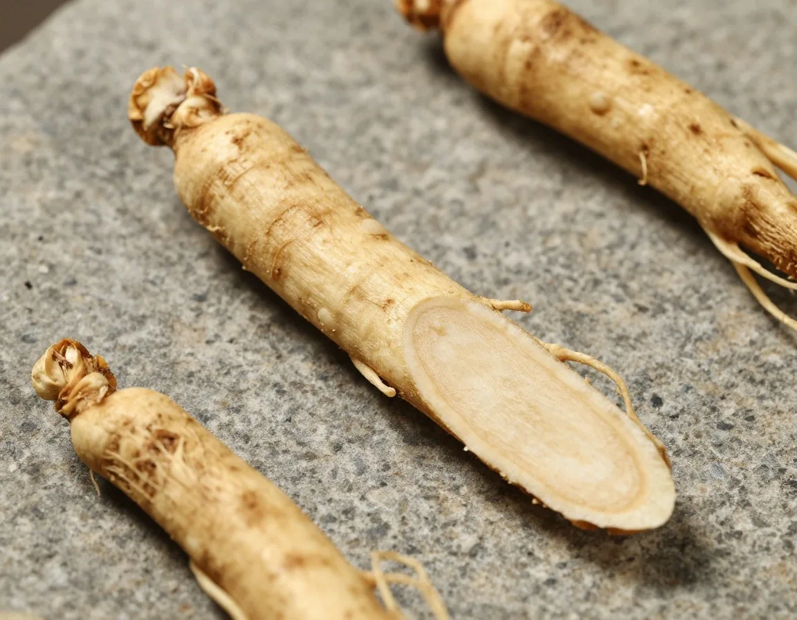 Ginseng root and maca powder on slate