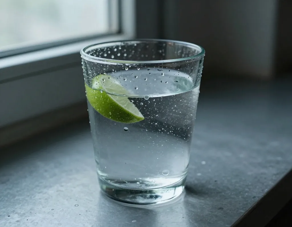 Glass of water with lime on a zinc surface