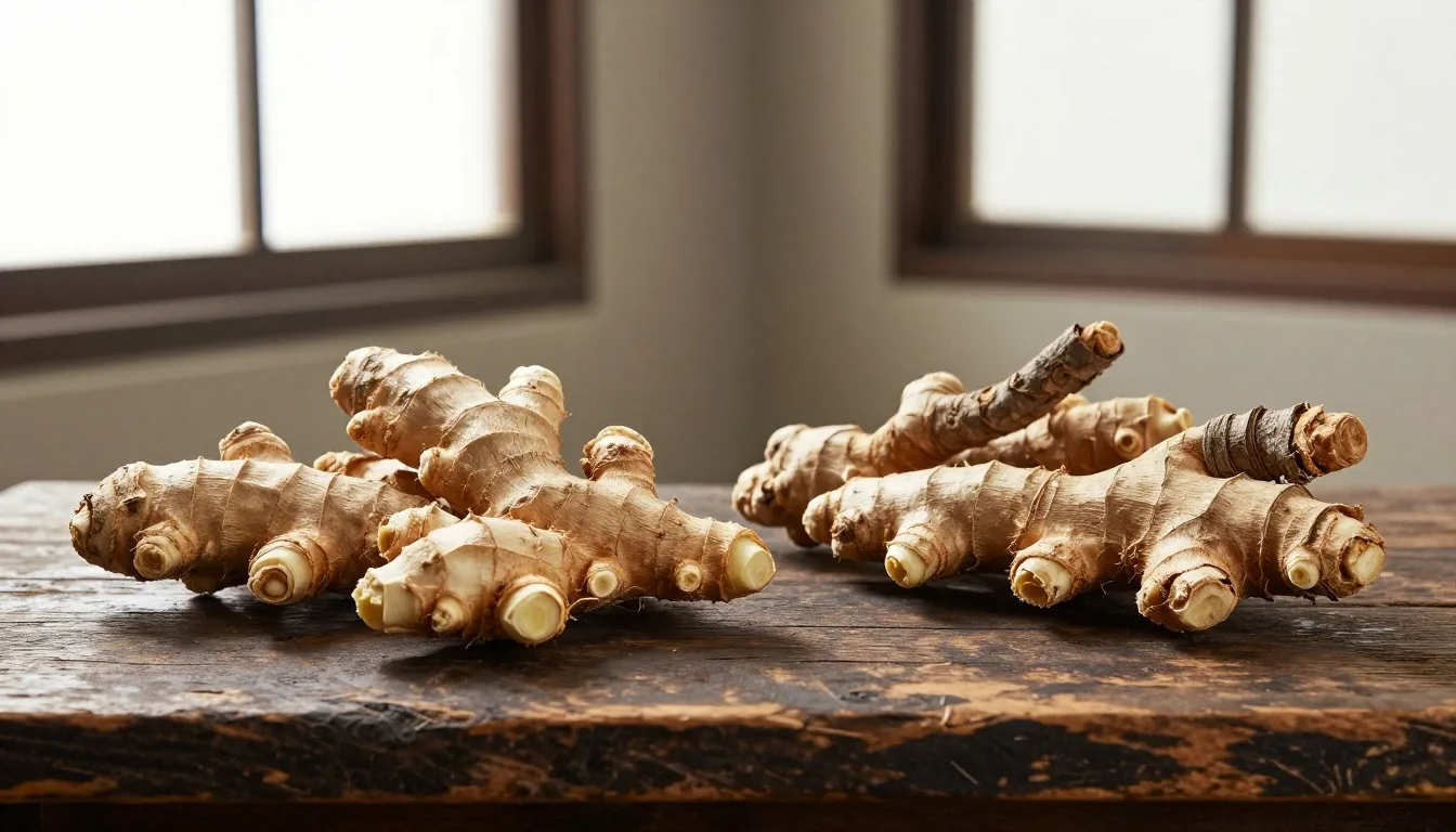 Botanical ingredient roots on weathered wood