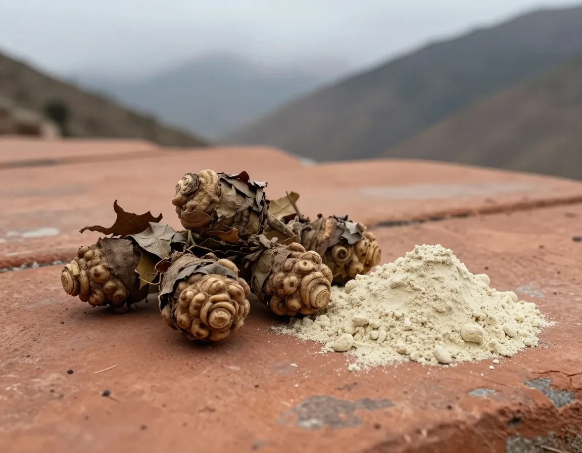 Maca roots and powder on slate