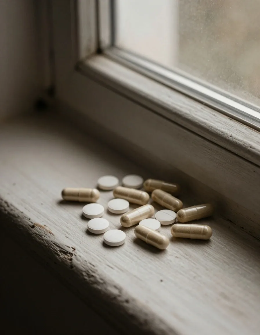 Multivitamin tablets on weathered wood