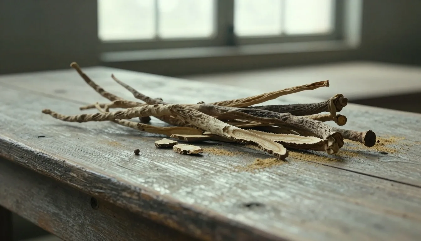 Botanical ingredients arranged on a weathered wooden surface
