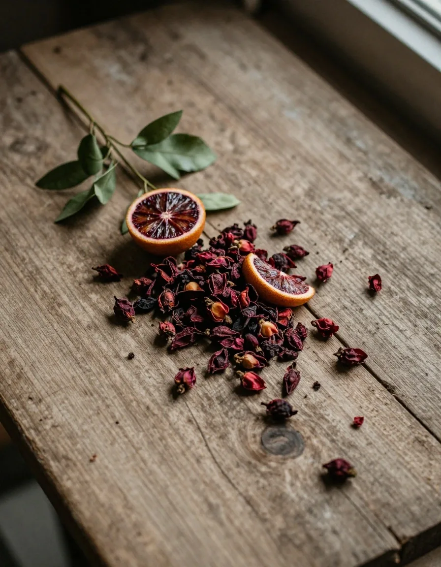 Citrus and rosehip botanicals on wood