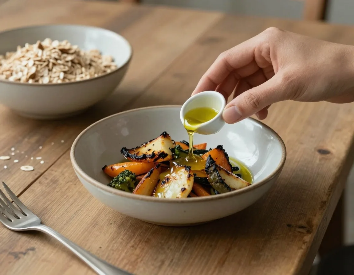 Morning meal with food on a wooden table
